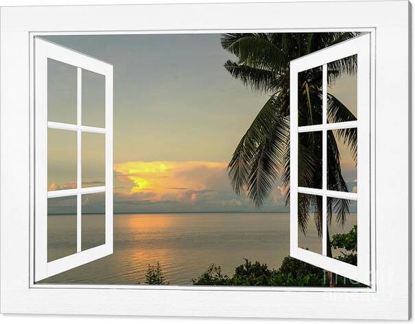 Tropical sunset paradise white open window frame canvas print